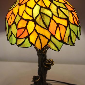 LongHuiJing Tiffany Style Table Lamp Stained Glass Leaf Lampshade Office Desk Lighting With Rose Base