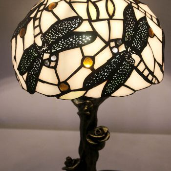 LongHuiJin Vintage Tiffany Style Table Lamps Floral Stained Glass Lampshade Desk Lights with Resin Rose Base