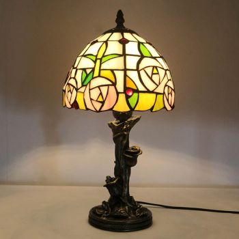 LongHuiJing Tiffany Style Rustic Table Lamp 8Inch Stained Glass Lampshade Desk Light With Rose Base
