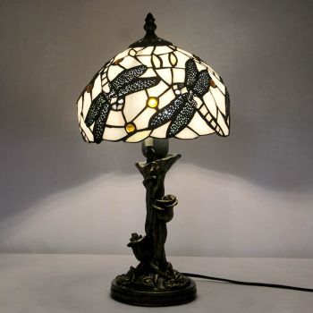 LongHuiJin Vintage Tiffany Style Table Lamps Floral Stained Glass Lampshade Desk Lights with Resin Rose Base