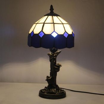 LongHuiJin Mediterranean 8Inch Tiffany Style Table Lamps Floral Stained Glass Lampshade Desk Lights with Resin Rose Base