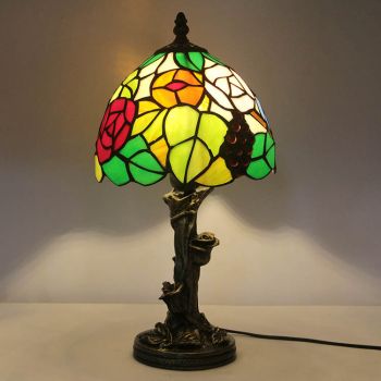 LongHuiJin Tiffany Floral Style Table Lamps Handmade Stained Glass Lampshade Desk Lights with Resin Rose Base