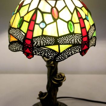 LongHuiJin Tiffany Decorative Dragonfly Table Lamps Stained Glass Lampshade Desk Lights With Resin Rose Base