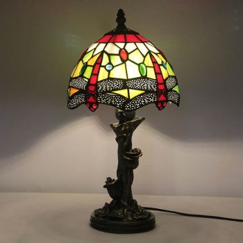 LongHuiJin Tiffany Decorative Dragonfly Table Lamps Stained Glass Lampshade Desk Lights With Resin Rose Base