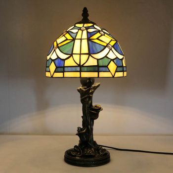 LongHuiJing 8 Inch European Tiffany Style Table Lamps Floral Stained Glass Lampshade Desk Lights with Resin Rose Base