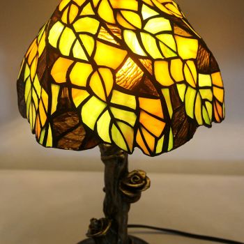 LongHuiJin 8Inch Tiffany Style Table Lamp Stained Glass Leaf Lampshade Office Desk Lighting With Resin Rose Base