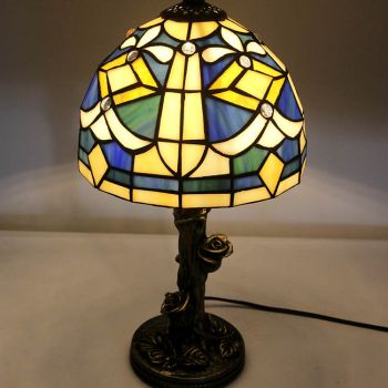 LongHuiJing 8 Inch European Tiffany Style Table Lamps Floral Stained Glass Lampshade Desk Lights with Resin Rose Base