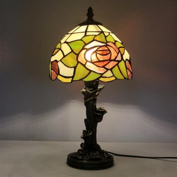 LongHuiJin Vintage Tiffany Rose Table Lamps Stained Glass Lampshade Desk Lights with Resin Rose Base