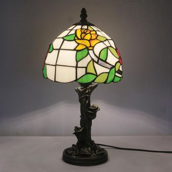 LongHuiJin European Tiffany Style Table Lamps Floral Stained Glass Lampshade Desk Lights with Resin Rose Base
