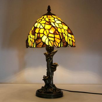 LongHuiJin 8Inch Tiffany Style Table Lamp Stained Glass Leaf Lampshade Office Desk Lighting With Resin Rose Base