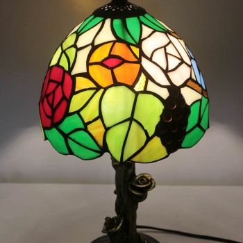LongHuiJin Tiffany Floral Style Table Lamps Handmade Stained Glass Lampshade Desk Lights with Resin Rose Base