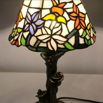 LongHuiJin Handcrafted Tiffany Style Table Lamps Floral Stained Glass Lampshade Desk Lights with Resin Rose Base