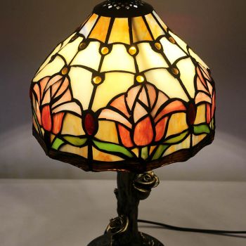 LongHuiJing Tiffany Desk Lamp Tulip Stained Glass Lampshade Table Lamps With Rose Flower Base