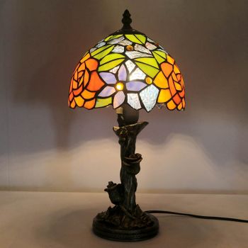 LongHuiJin Mini Tiffany Style Table Lamps Floral Stained Glass Lampshade Desk Lights with Resin Rose Base