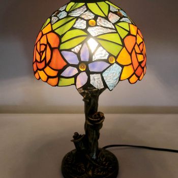 LongHuiJin Mini Tiffany Style Table Lamps Floral Stained Glass Lampshade Desk Lights with Resin Rose Base
