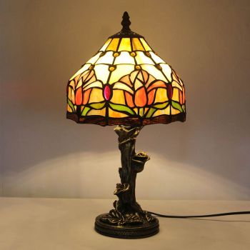 LongHuiJing Tiffany Desk Lamp Tulip Stained Glass Lampshade Table Lamps With Rose Flower Base
