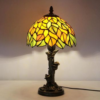 LongHuiJing Tiffany Style Table Lamp Stained Glass Leaf Lampshade Office Desk Lighting With Rose Base