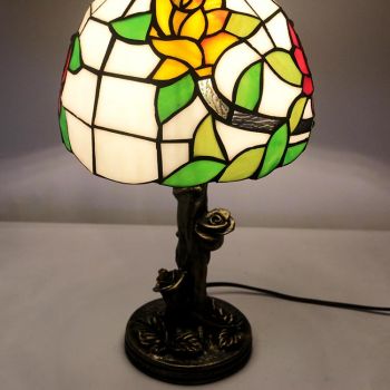 LongHuiJin European Tiffany Style Table Lamps Floral Stained Glass Lampshade Desk Lights with Resin Rose Base