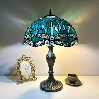 LongHuiJing 16Inch Tiffany Style Table Lamp Blue Stained Glass Dragonfly 