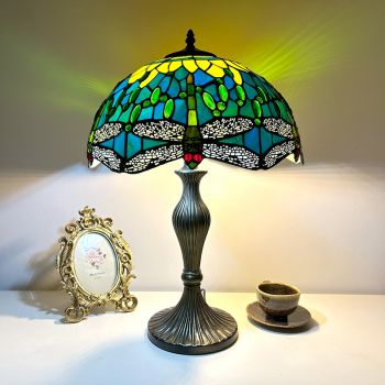 LongHuiJing 16Inch Tiffany Lamps Stained Glass Green Dragonfly Style Crystal Bead Handcrafted Shade