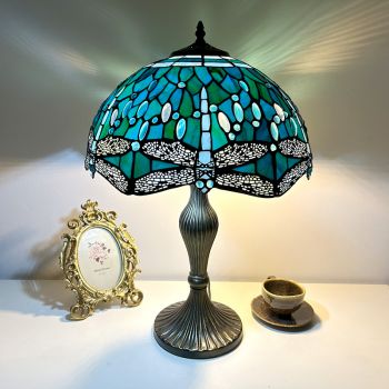 LongHuiJing 16Inch Tiffany Style Table Lamp Blue Stained Glass Dragonfly 