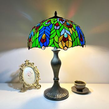 LongHuiJing Vintage Tiffany Style Table Lamps, 16-Inch Handmade Stained Glass Desk Lamp, European Traditional Pastoral 