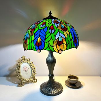 LongHuiJing Vintage Tiffany Style Table Lamps, 16-Inch Handmade Stained Glass Desk Lamp, European Traditional Pastoral 