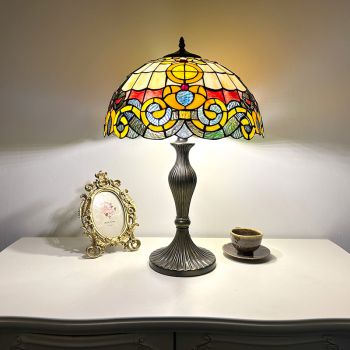LongHuiJing Tiffany Style Classic Beige Table Lamp Stained Glass Bedside Nightstand Reading Desk Light