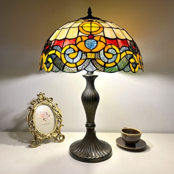 LongHuiJing Tiffany Style Classic Beige Table Lamp Stained Glass Bedside Nightstand Reading Desk Light