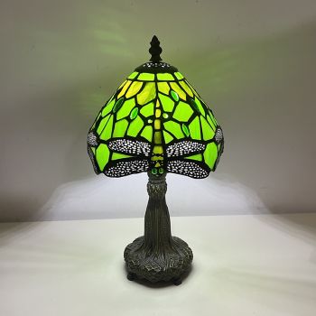 LongHuiJing Tiffany Lamp Stained Glass Bedside Table Lamp Dragonfly Green Style Reading Desk Light