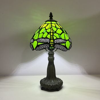 LongHuiJing Tiffany Lamp Stained Glass Bedside Table Lamp Dragonfly Green Style Reading Desk Light