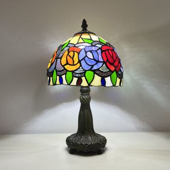 LongHuiJing 8Inch Tiffany Style Rose Flower Table Lamp with Antique Bronze Zinc Base