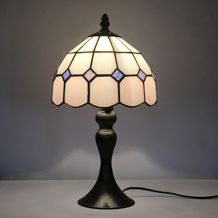 LongHuiJing Tiffany Stained Glass Style Desk Light Pink Grid Lampshade Table Reading Night Light W8H15Inch