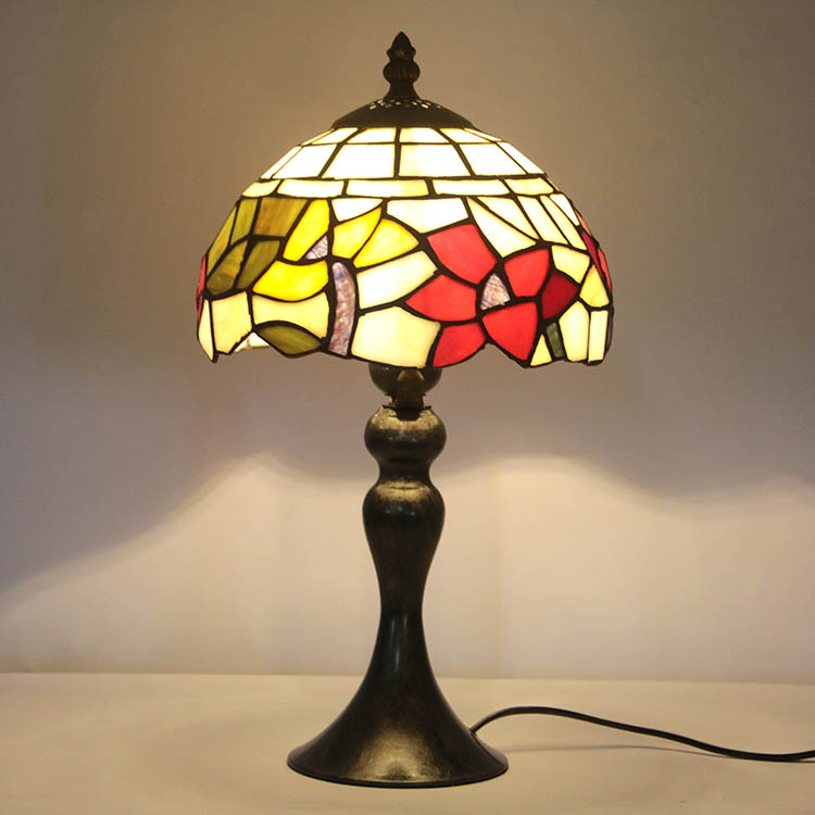 LongHuiJing Tiffany Stained Glass Style Desk Light Red Floral Lampshade Table Reading Night Light W8H15Inch