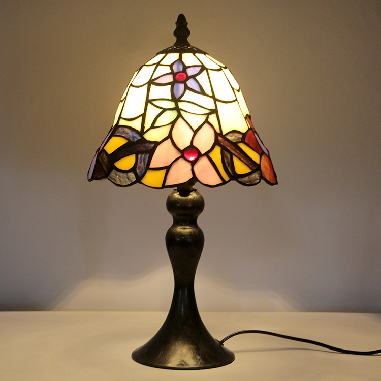 LongHuiJing Tiffany Stained Glass Style Desk Light Pink Flower Pattern Lampshade Table Reading Night Light W8H15Inch