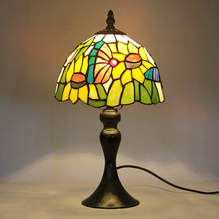 LongHuiJing Tiffany Stained Glass Style Desk Light Butterfly Sunflower Lampshade Table Reading Night Light W8H15Inch