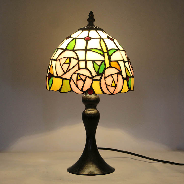 LongHuiJing Tiffany Stained Glass Style Desk Light Pink Floral Rose Lampshade Table Reading Night Light W8H15Inch