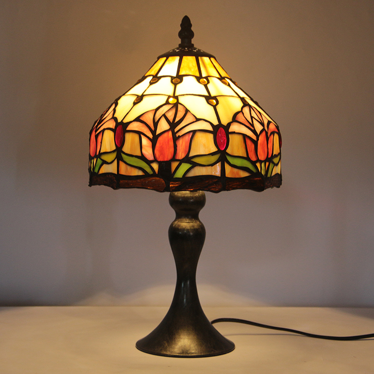 LongHuiJing Tiffany Stained Glass Style Desk Light Flower Pattern Lampshade Table Reading Night Light W8H15Inch
