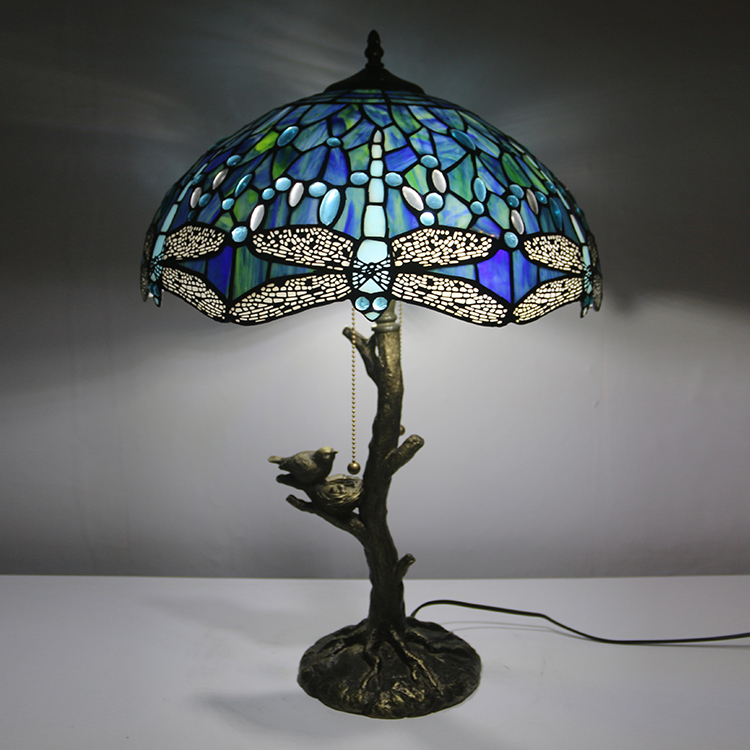 LongHuiJing Blue Dragonfly Tiffany Style Stained Glass Table Lamp with 16Inch Wide Lampshade and Bird Nest Tree Trunk