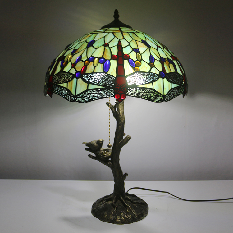 LongHuiJing Green Tiffany Style Stained Glass Table Lamp with 16Inch Wide Lampshade and Bird Nest Tree Trunk
