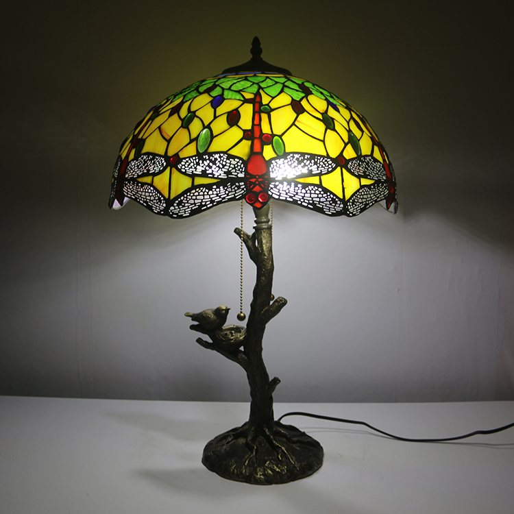 LongHuiJing Red Dragonfly Tiffany Style Stained Glass Table Lamp with 16Inch Wide Lampshade and Bird Nest Tree Trunk