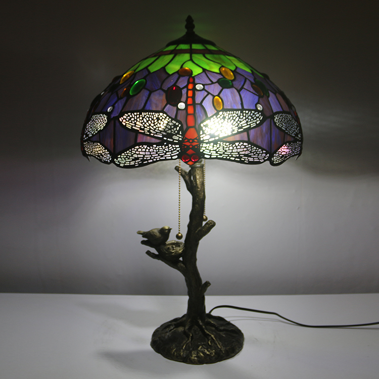 LongHuiJing Purple Tiffany Style Stained Glass Table Lamp with 16Inch Wide Lampshade and Bird Nest Tree Trunk