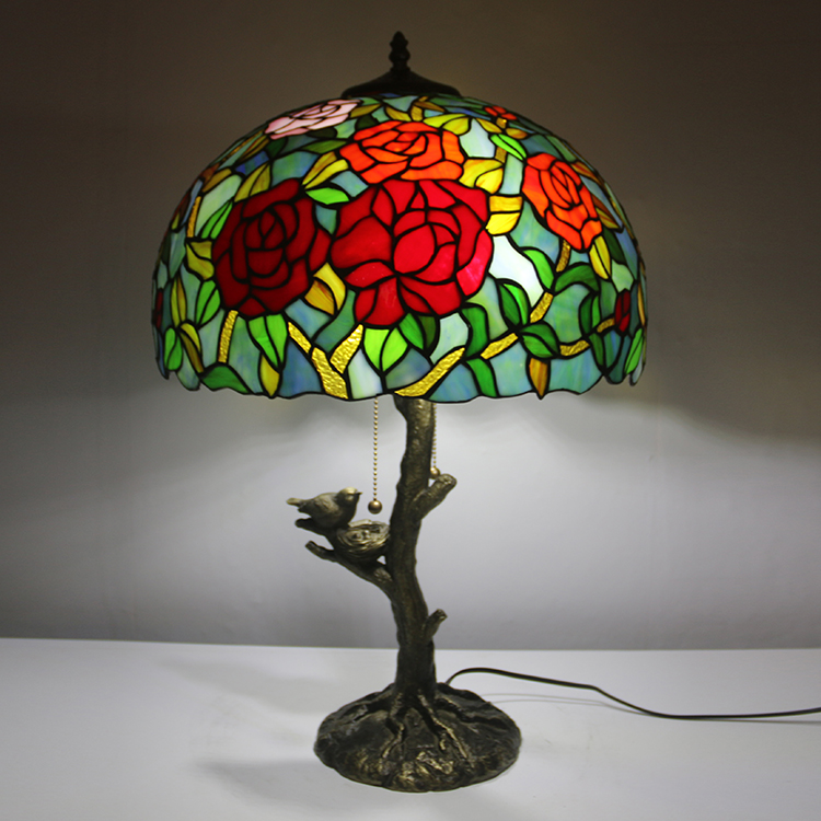LongHuiJing Rose Flower Tiffany Style Stained Glass Table Lamp with 16Inch Wide Lampshade and Bird Nest Tree Trunk