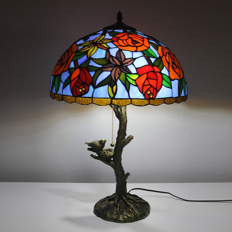 LongHuiJing Orange Rose Tiffany Style Stained Glass Table Lamp with 16Inch Wide Lampshade and Bird Nest Tree Trunk