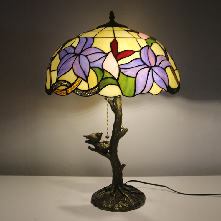 LongHuiJing Purple Flower Tiffany Style Stained Glass Table Lamp with 16Inch Wide Lampshade and Bird Nest Tree Trunk