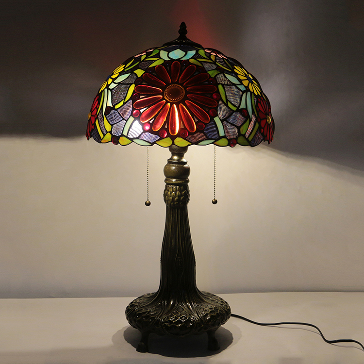 LongHuiJing 16Inch Tiffany Lamp Stained Glass Table Lamp Red Flower Lampshade Style Desk Reading Light Decor Lighting