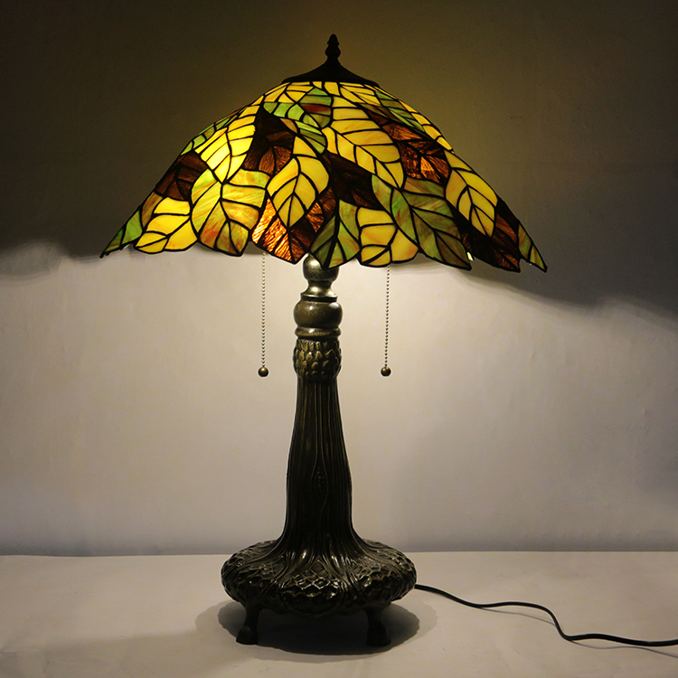 LongHuiJing 16Inch Tiffany Lamp Stained Glass Table Lamp Leaf Lampshade Style Desk Reading Light Decor Lighting
