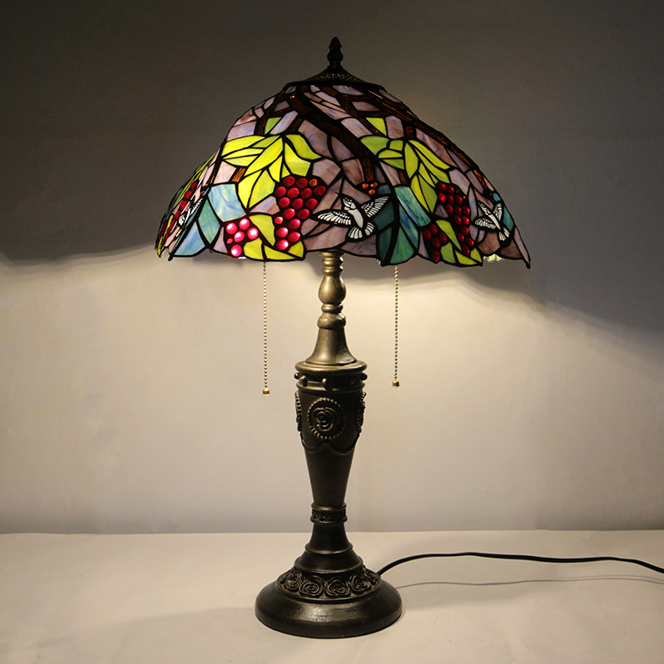 LongHuiJing 16Inch Retro Tiffany Table Lamp Stained Glass Cone Grape Lampshade Lights Handmade Glass Desk Lamps