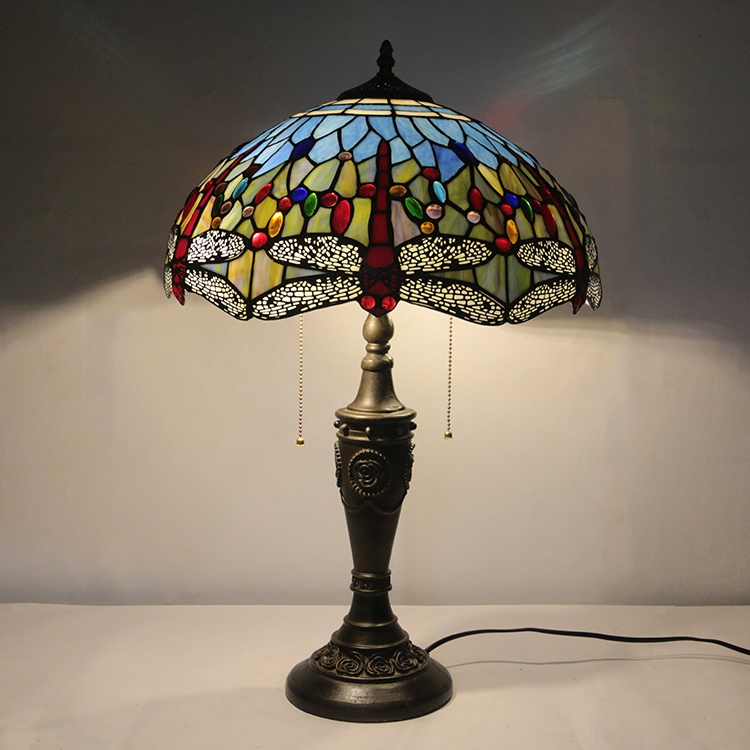 LongHuiJing 16Inch Retro Tiffany Table Lamp Red Stained Glass Red Dragonfly Lampshade Lights Handmade Glass Desk Lamps