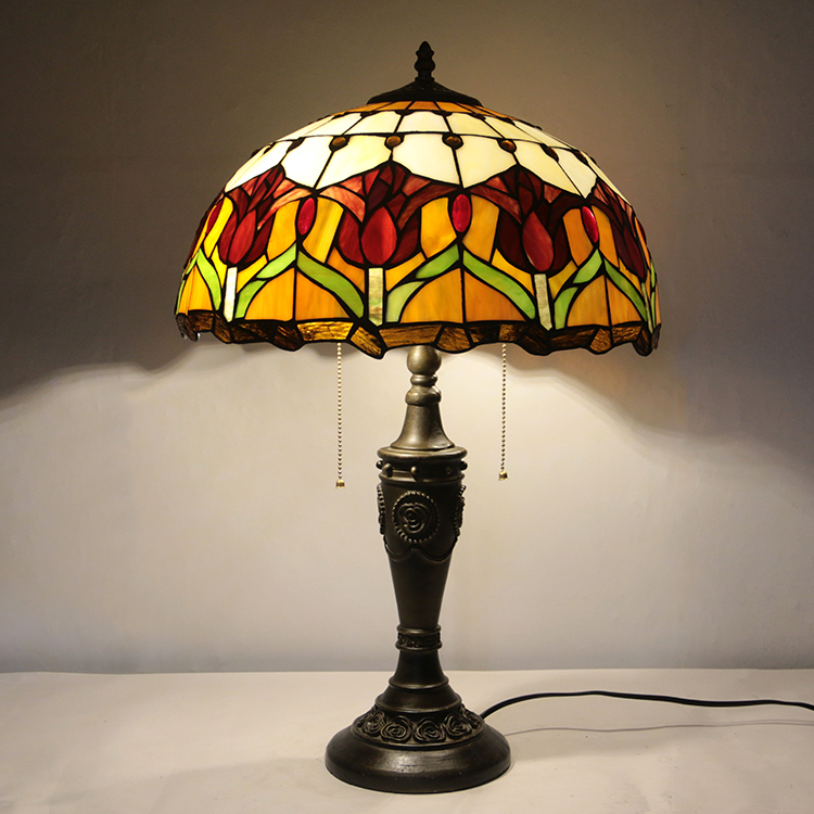LongHuiJing 16Inch Retro Tiffany Table Lamp Red Stained Glass Tulip Lampshade Lights Handmade Glass Desk Lamps